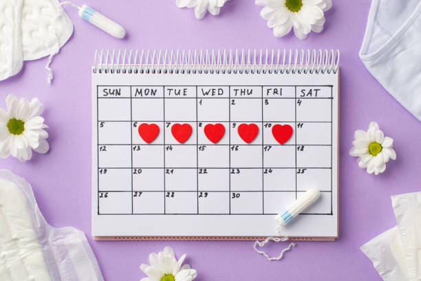 Un calendrier menstruel décoré de cœurs, accompagné de tampons, serviettes hygiéniques, et de fleurs délicates symbolisant la féminité